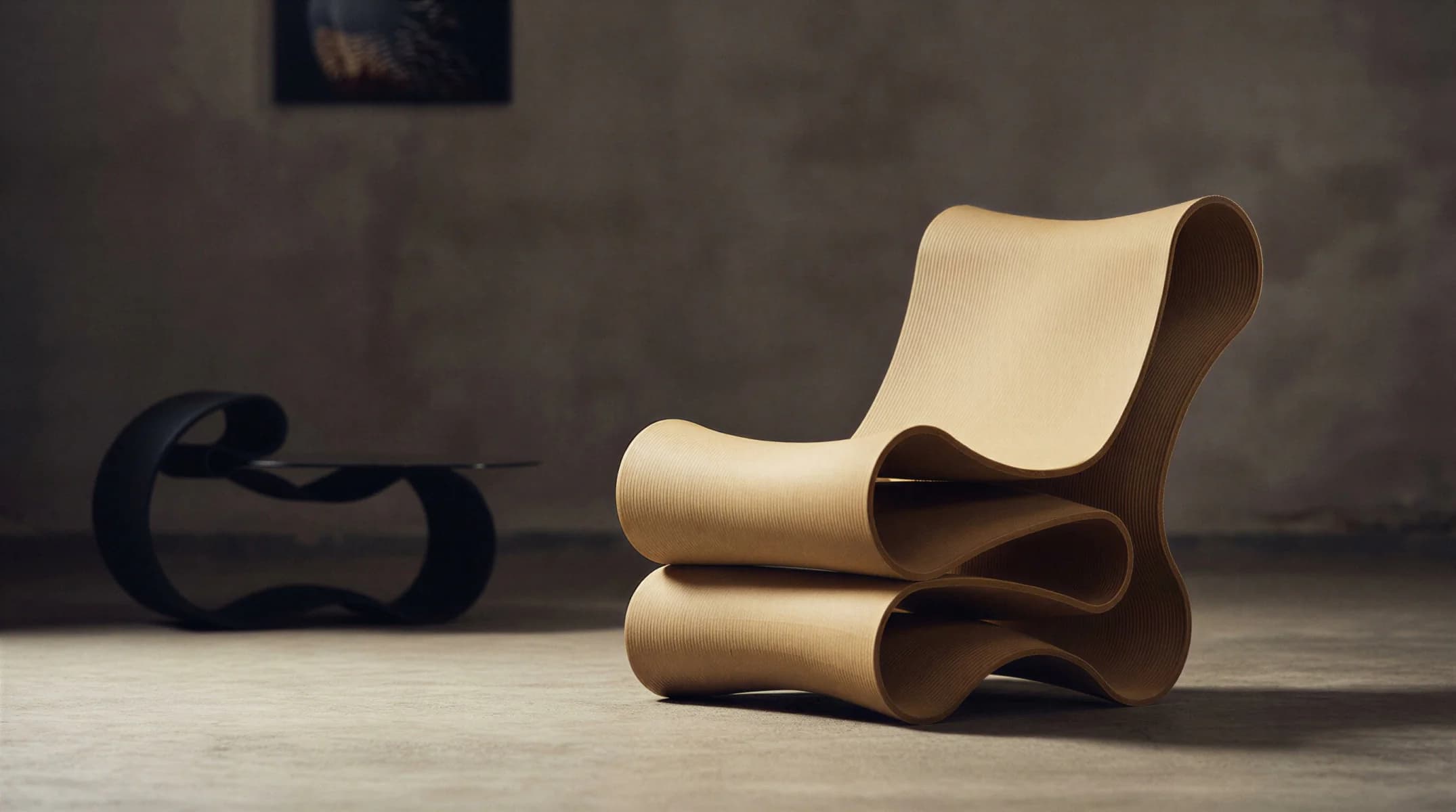 3D-printed designer chair from layered wood displayed in gallery interior