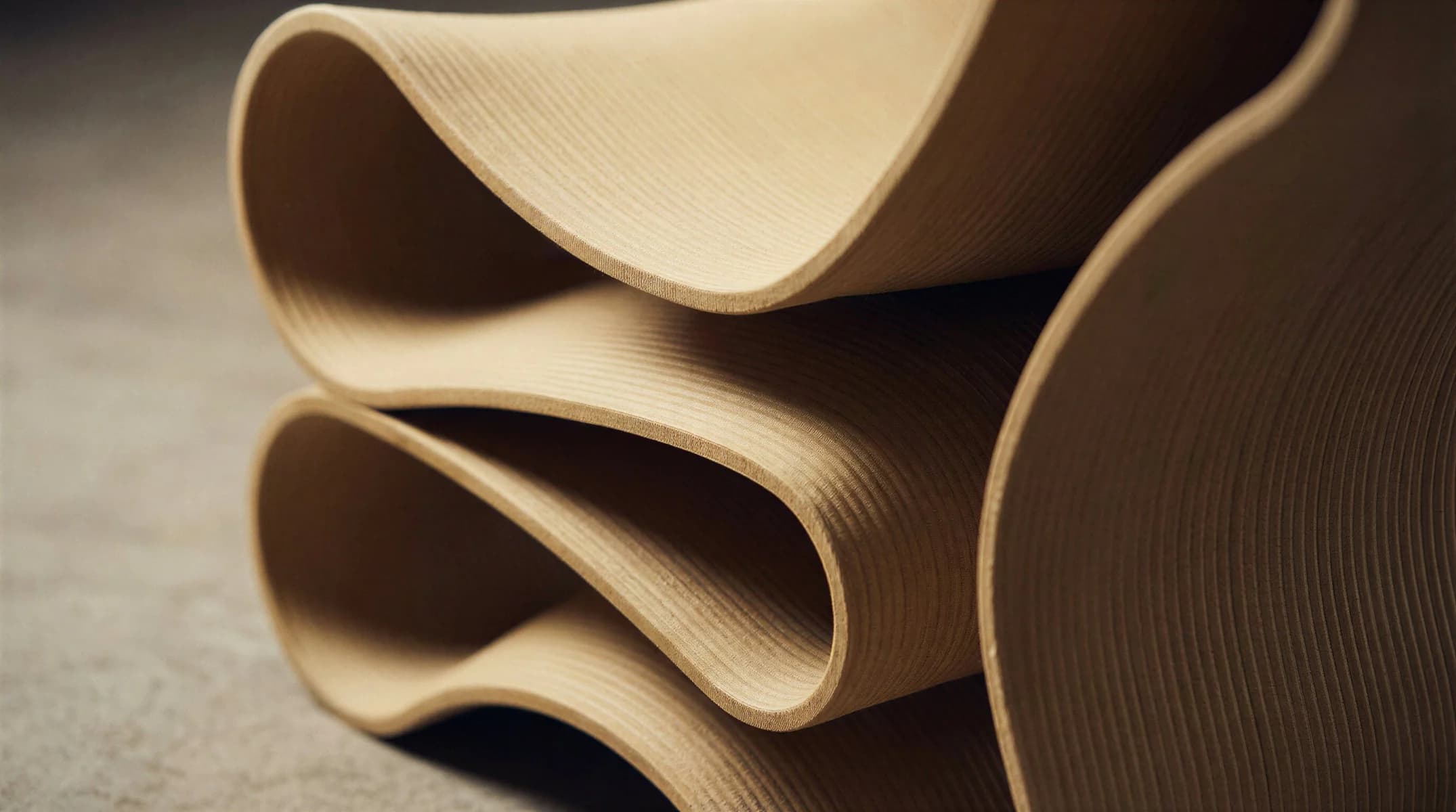 Detail of undulating layered wood curves produced by large-scale 3D printing