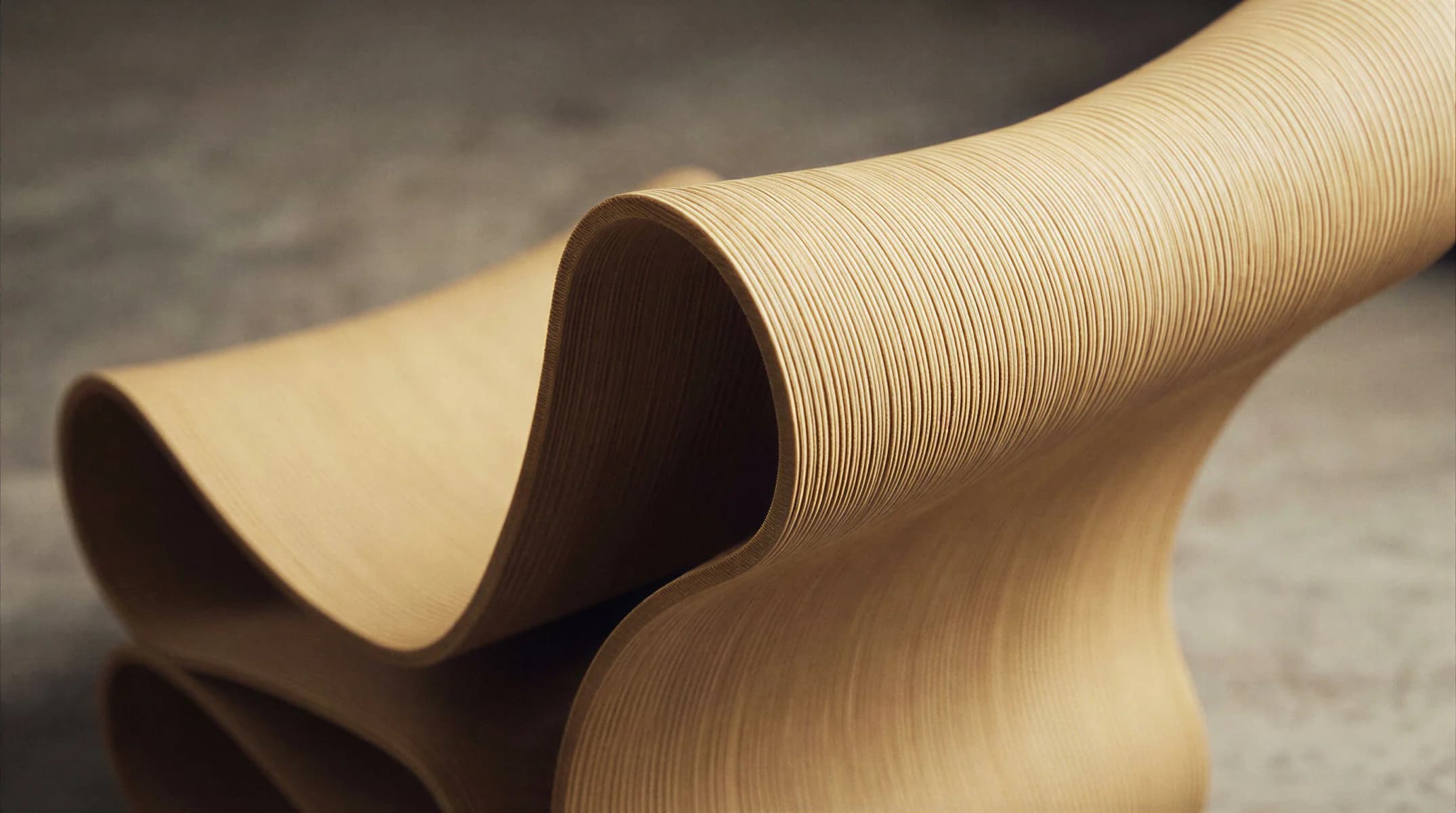 Organic sculptural form created by 3D printing with layered wood filament