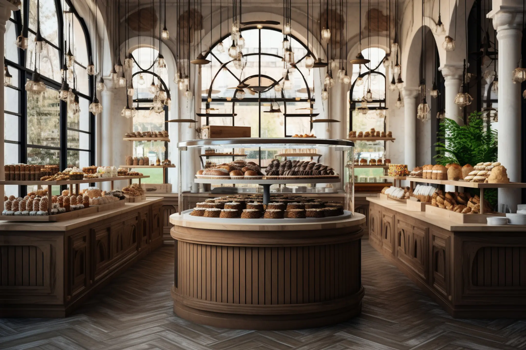 Artisan patisserie with arched windows, ornate wooden counters, curved glass display case and herringbone parquet floor