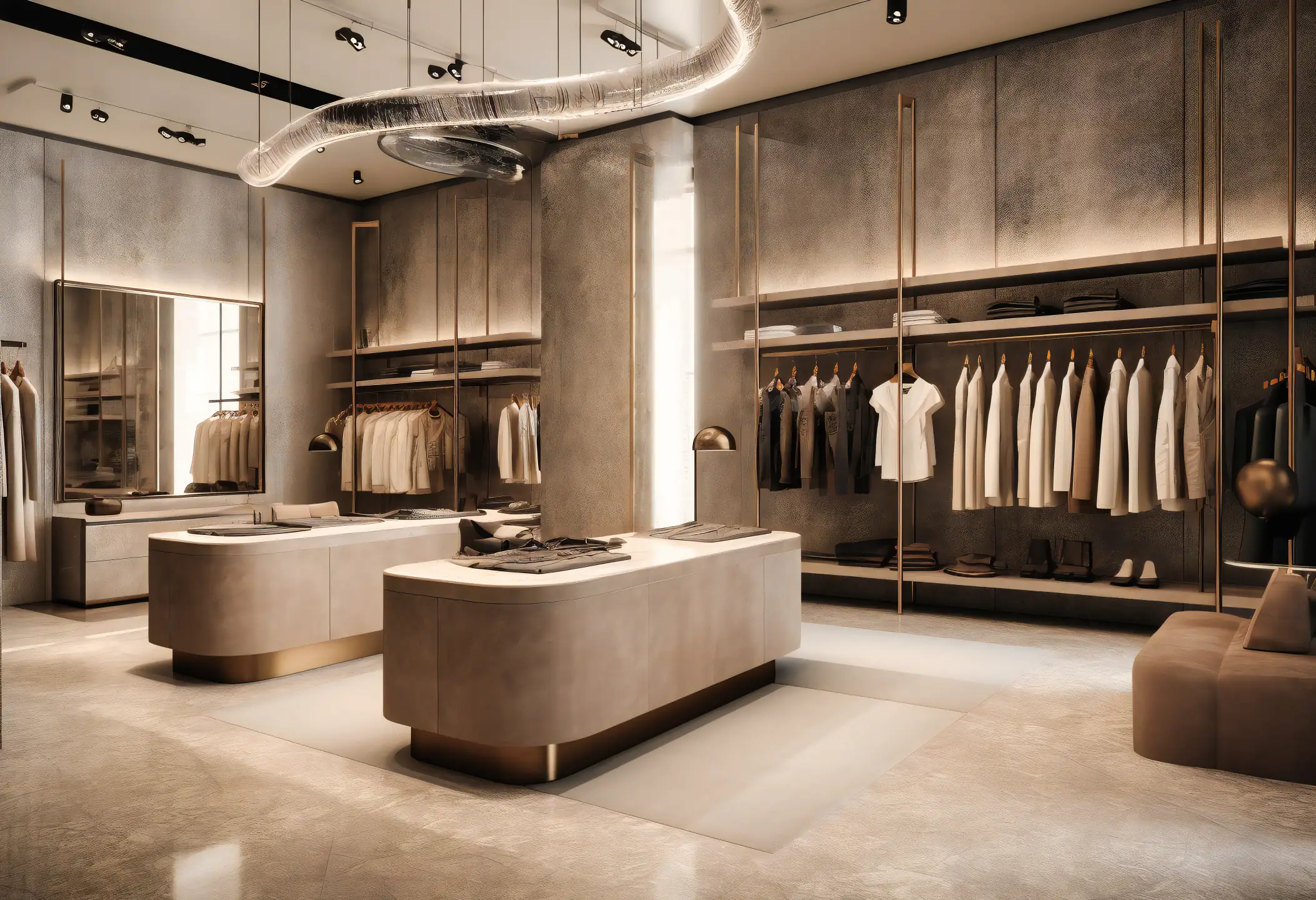 Premium fashion boutique with decorative concrete walls, gold accents, central display island and sculptural LED lighting