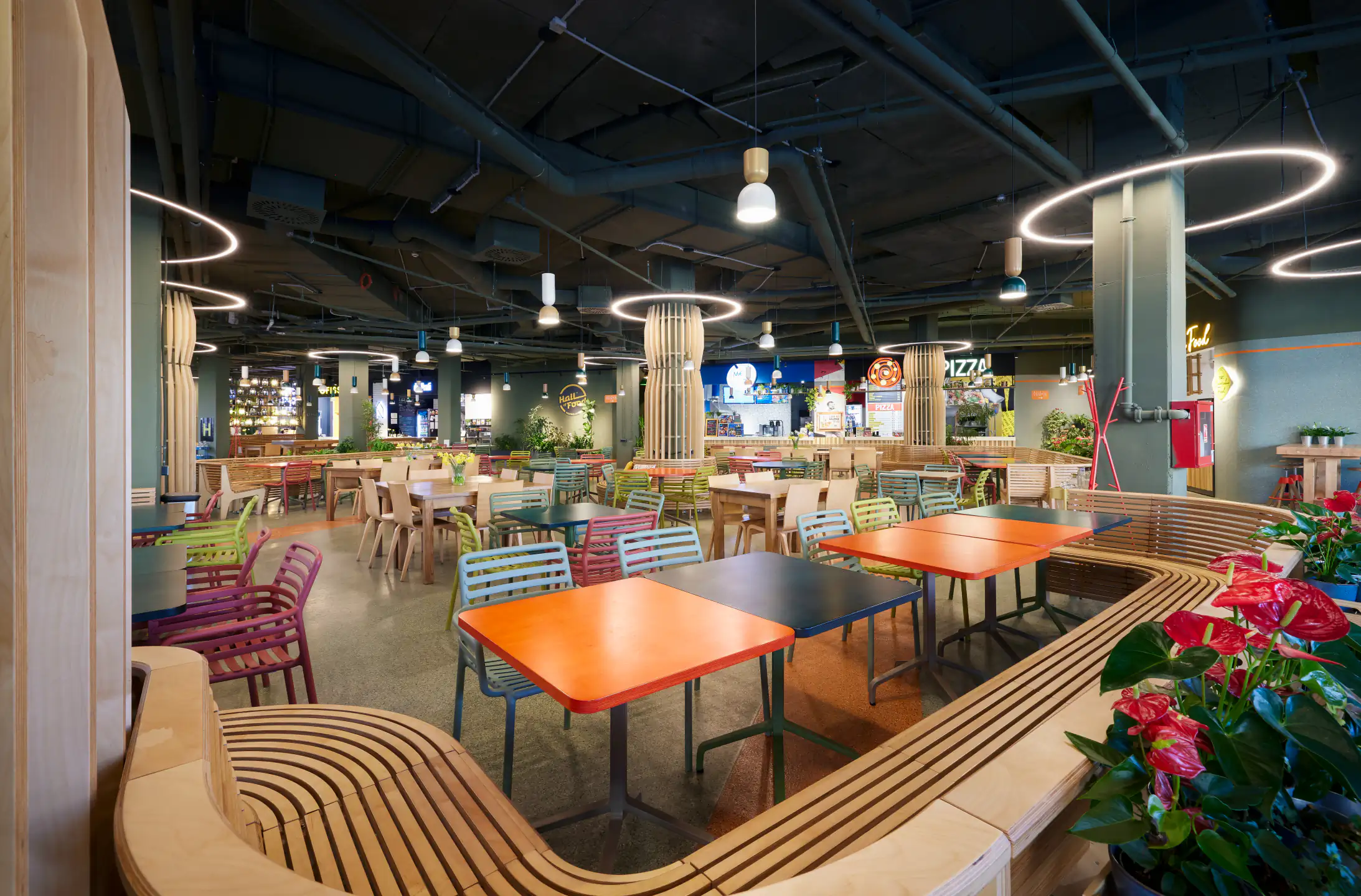 Curved wooden ribbon benches with orange and black tables under suspended ring lights