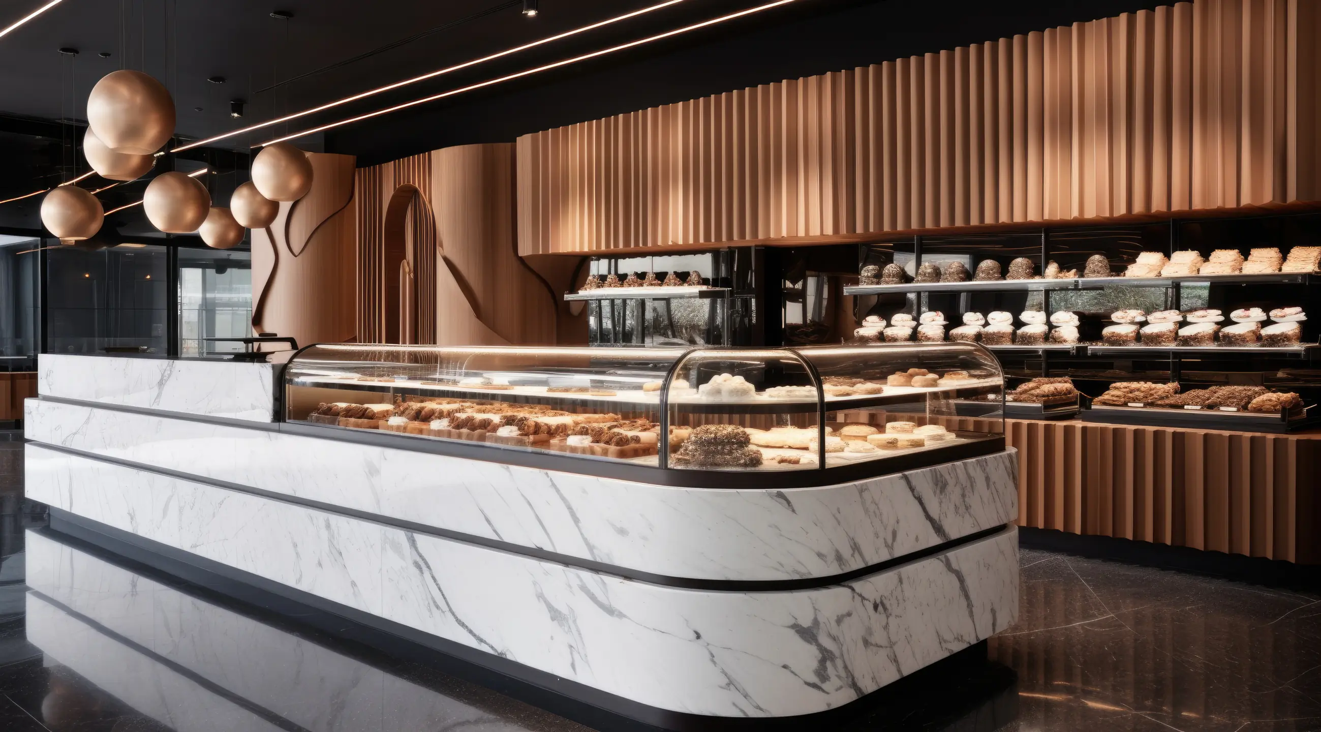 Modern patisserie with white marble counter, copper vertical slat panels and artisan pastry display cases