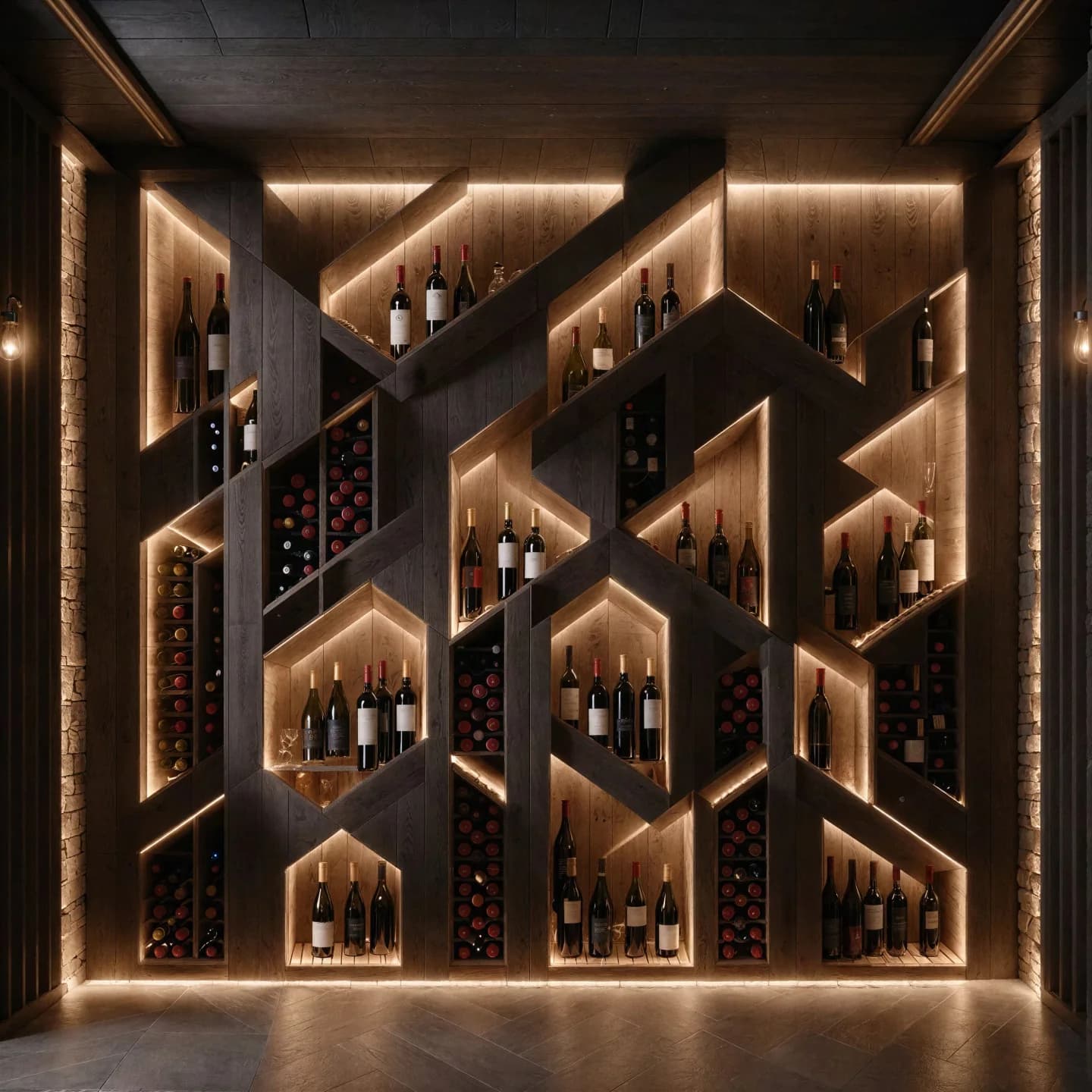 Wine cellar with geometric wooden shelving and integrated LED lighting