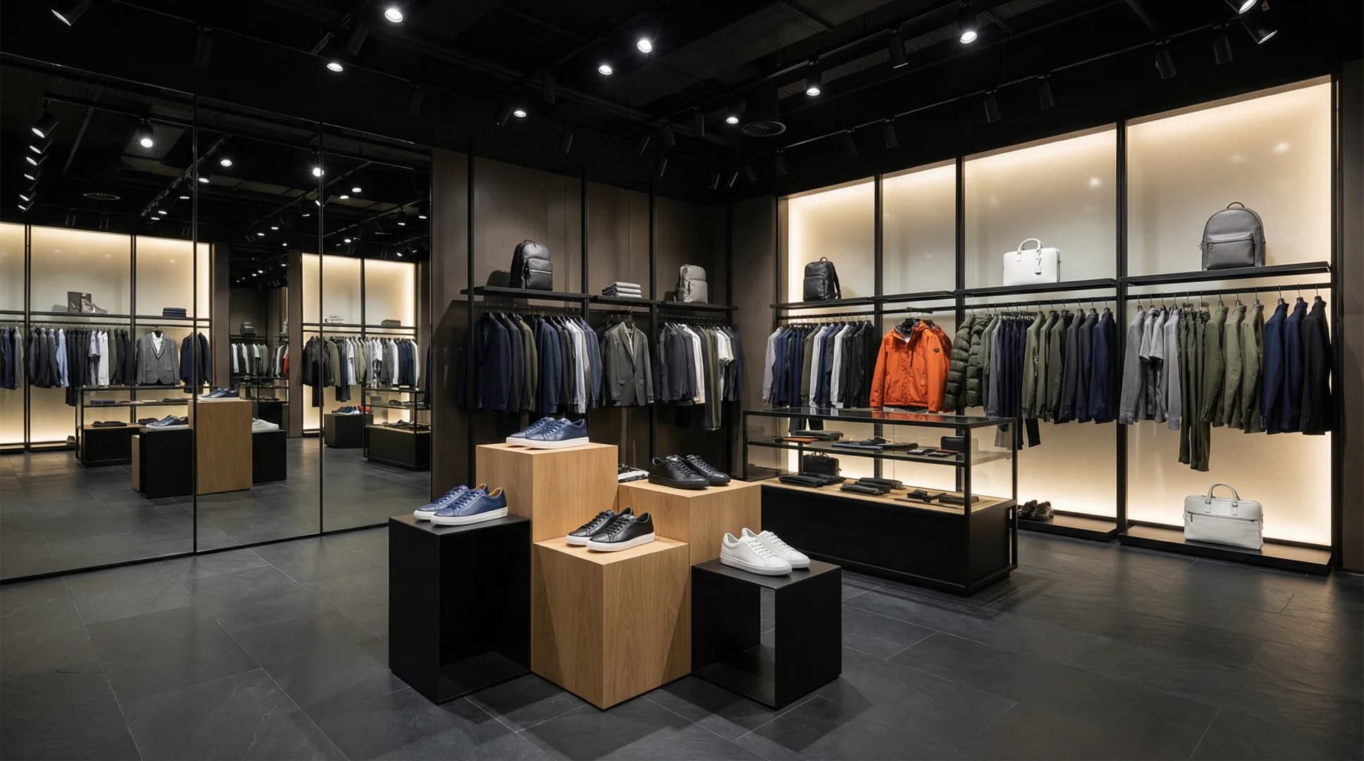 Magazin fashion bărbați cu expunere încălțăminte pe piedestale din lemn și nișe retroiluminate